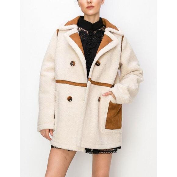 Ina Faux Shearling Suede Double Breasted Coat Jacket Cream Ivory Brown Pockets L - Picture 2 of 13